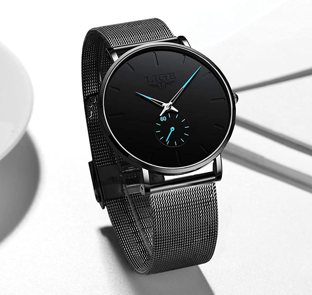 LIGE Mens Watches Ultra-Thin Analog Quartz Minimalist Stainless Steel Mesh Band Dress Watches for Men - Image 4